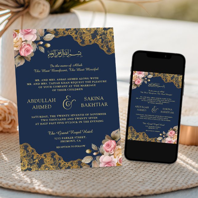 Pink Floral Gold Lace Navy Blue Muslim Wedding Invitation (Creator Uploaded)