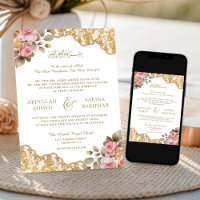 Pink Floral Gold Lace QR Code Muslim Wedding