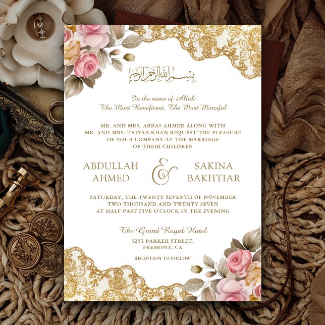 Pink Floral Gold Lace QR Code Muslim Wedding Invitation (Creator Uploaded)