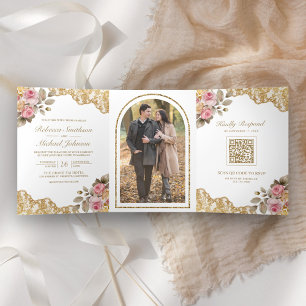 Pink Floral Gold Lace QR Code Photo Wedding Tri-Fold Invitation