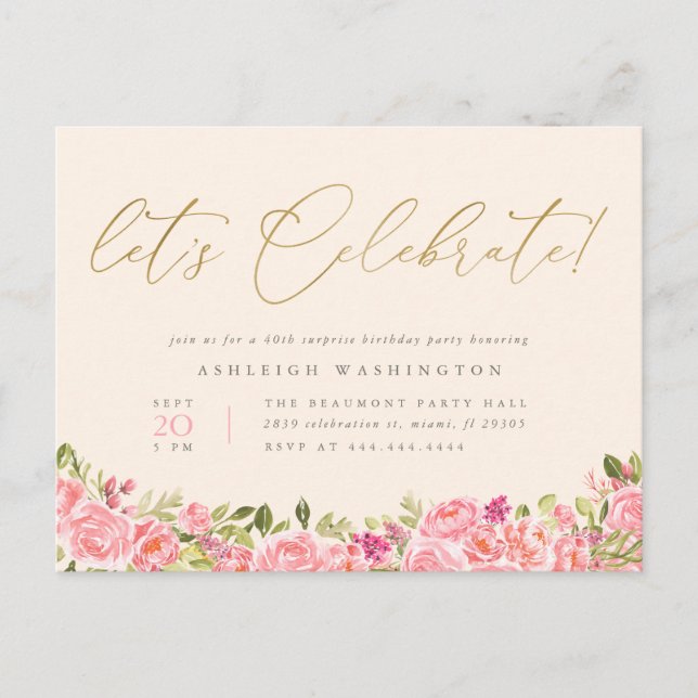 Pink Floral Gold Let's Celebrate Surprise Birthday Invitation Postcard (Front)