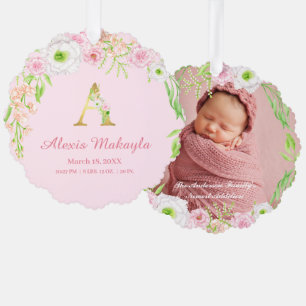 Pink Floral Gold Letter "A" Monogram Birth Stats Tree Decoration Card