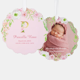 Pink Floral Gold Letter "P" Monogram Birth Stats Tree Decoration Card