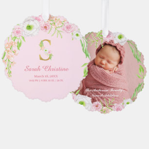 Pink Floral Gold Letter "S" Monogram Birth Stats Tree Decoration Card