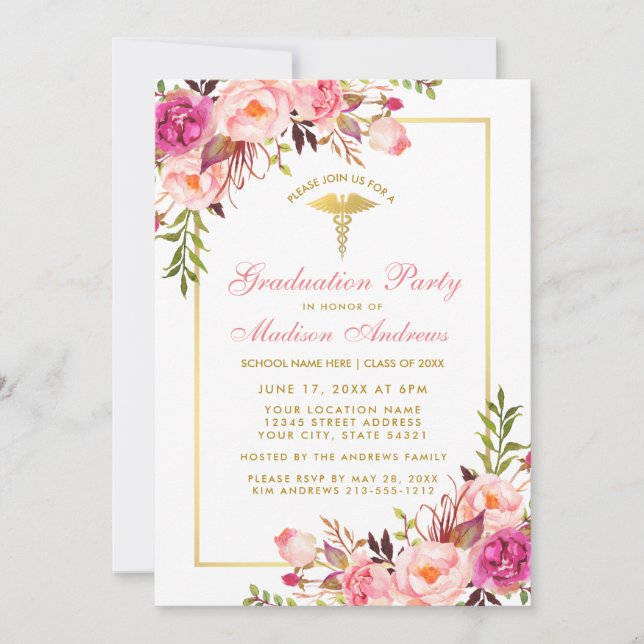 Pink Floral Gold Medical Grad Party Invitation (Front)
