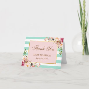 Pink Floral Gold Mint Green Stripes Thank You