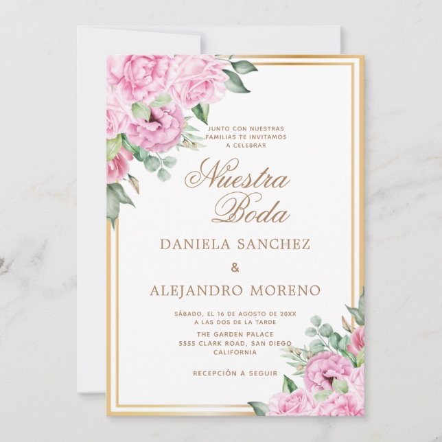 Pink Floral Gold Nuestra Boda Spanish Wedding Invitation (Front)