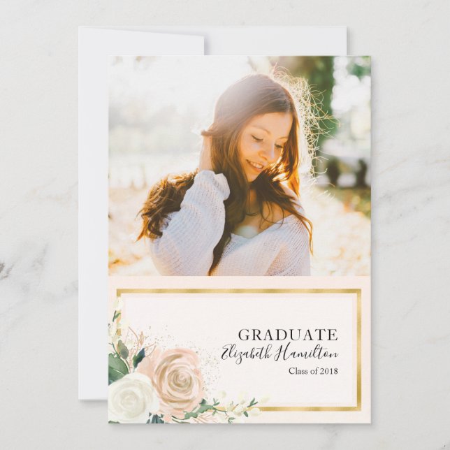Pink Floral & Gold Photo Grad Announcement (Front)