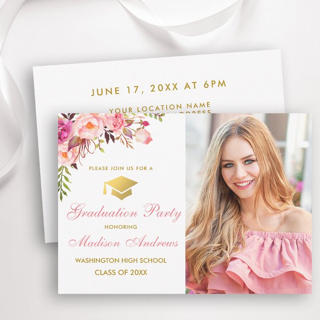 Pink Floral Gold Photo Graduation Party Invitation (Customize to change text size, color or text style.)
