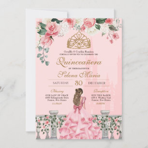 Pink Floral & Gold Princess Fairytale Quinceanera Invitation