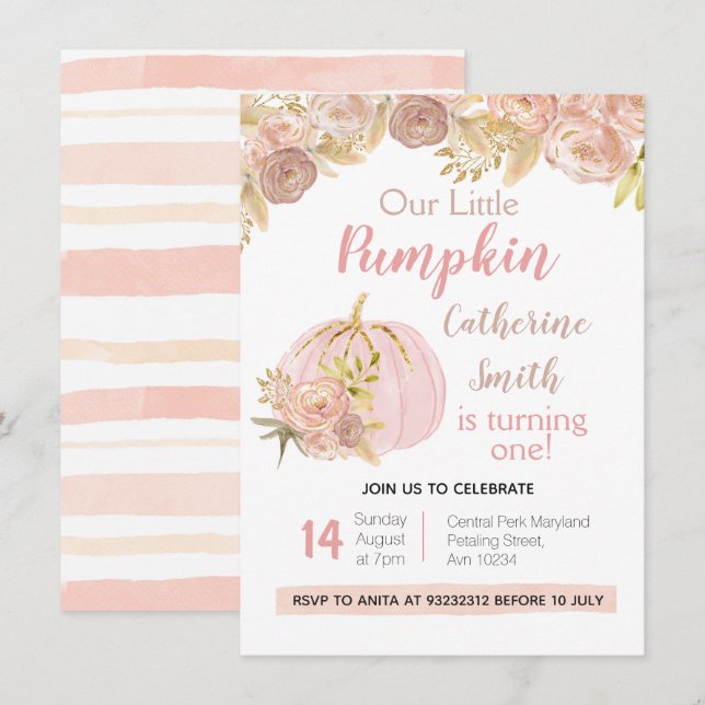 Pink Floral Gold Pumpkin 1st Birthday Invitation (Front/Back)