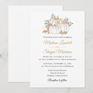 Pink Floral Gold Pumpkin Elegant Fall Wedding Invitation