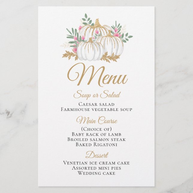 Pink Floral Gold Pumpkin Fall Wedding Menu (Front)