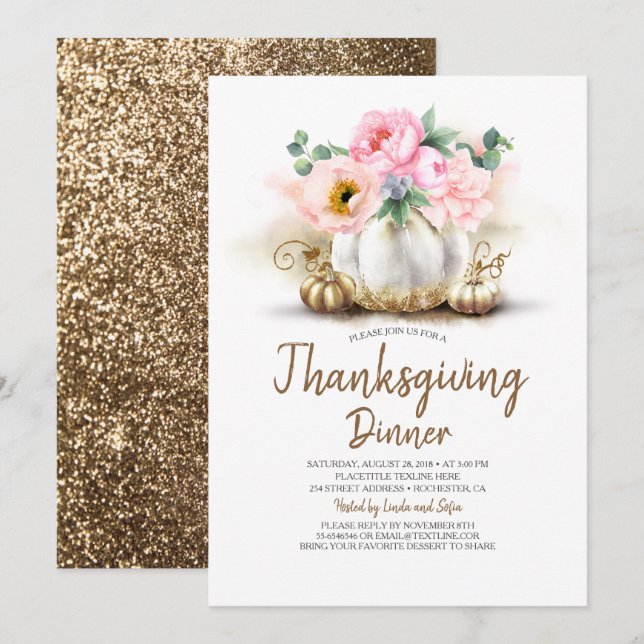 Pink Floral Gold Pumpkin Thanksgiving Dinner Invitation (Front/Back)