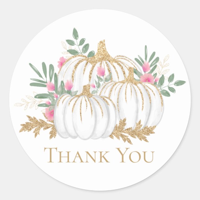 Pink Floral Gold Pumpkins Fall Wedding Thank You Classic Round Sticker (Front)