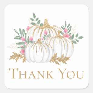 Pink Floral Gold Pumpkins Thanksgiving Thank You Square Sticker