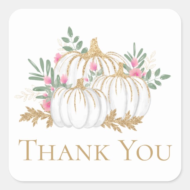 Pink Floral Gold Pumpkins Thanksgiving Thank You Square Sticker (Front)
