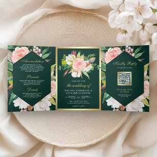 Pink Floral Gold QR Code Emerald Green Wedding Tri-Fold Invitation