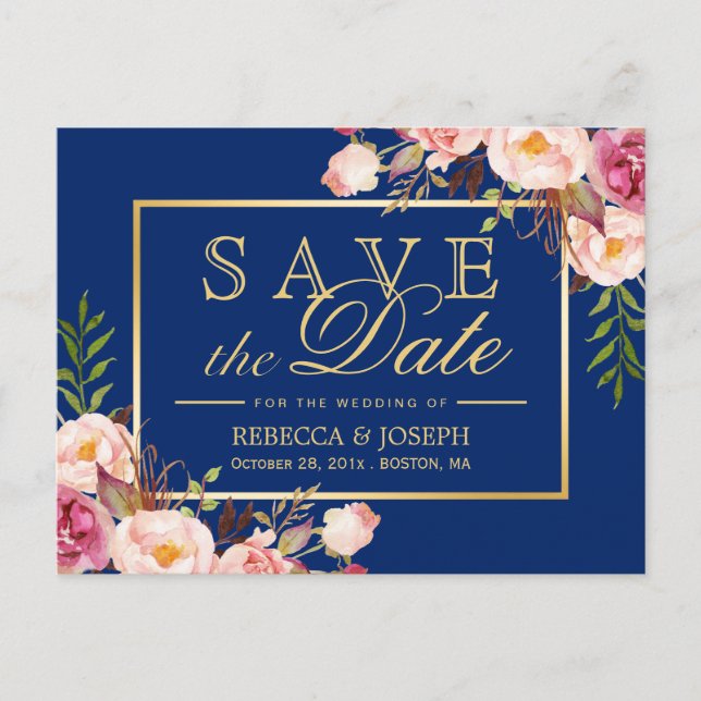 Pink Floral Gold Royal Navy Blue - Save the Date Announcement Postcard (Front)