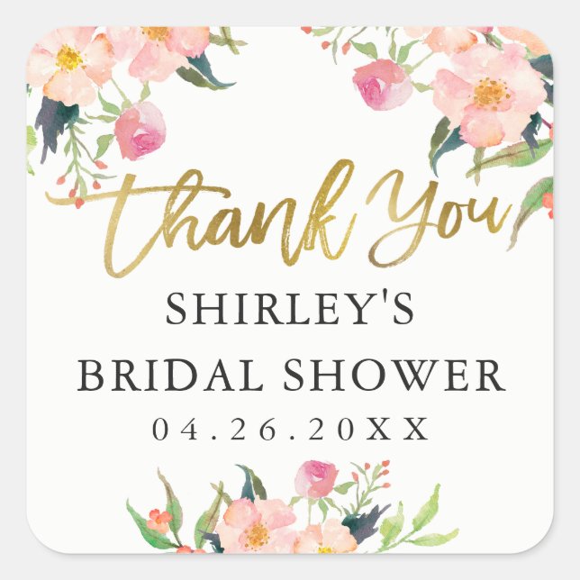 Pink Floral Gold Script Bridal Shower Thank You Square Sticker (Front)