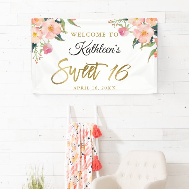 Pink Floral Gold Script Sweet 16 Birthday Banner (Insitu)