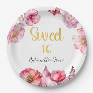 Pink Floral Gold Script Sweet 16 Birthday Paper Plate