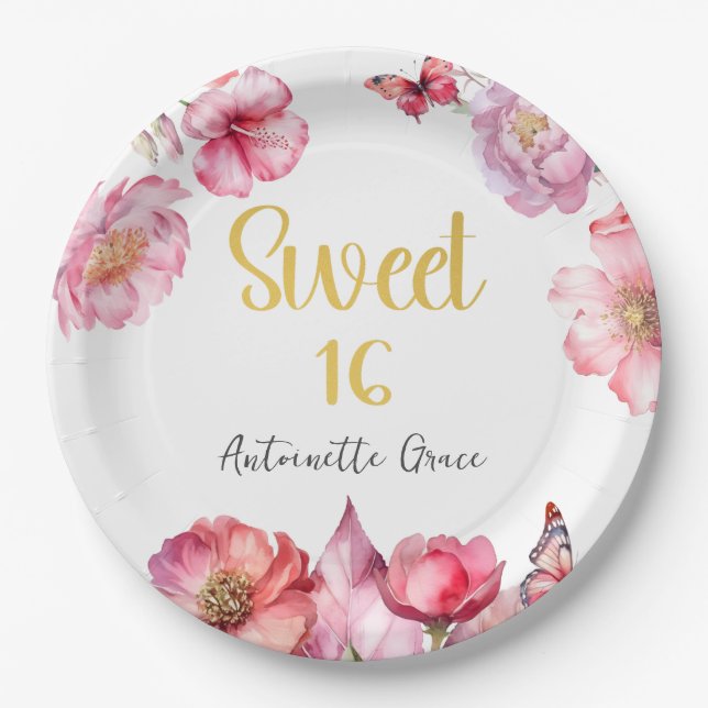 Pink Floral Gold Script Sweet 16 Birthday Paper Plate (Front)