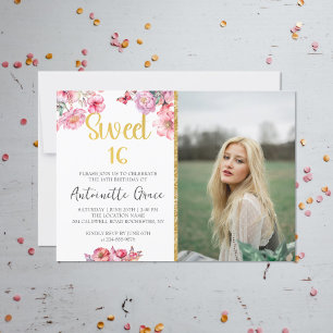 Pink Floral Gold Script Sweet 16 Birthday Photo Invitation