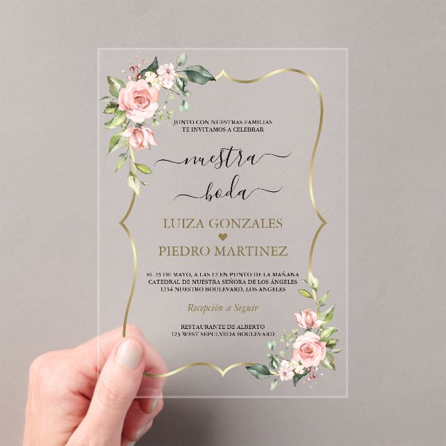 Pink Floral Gold Spanish Calligraphy Nuestra Boda  Acrylic Invitations (Insitu (Handheld))