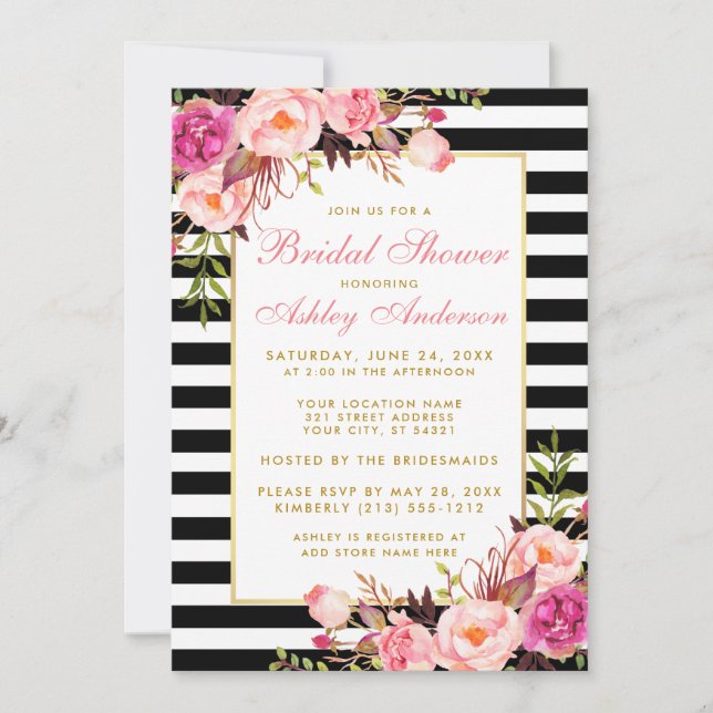 Pink Floral Gold Striped Bridal Shower Invite P (Front)
