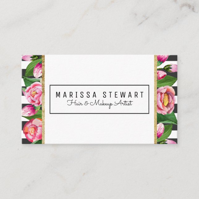 Pink Floral Gold Stripes Loyalty Appointment Card (Front)