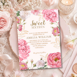 Pink Floral Gold Sweet 16 Blush Botanical birthday Invitation