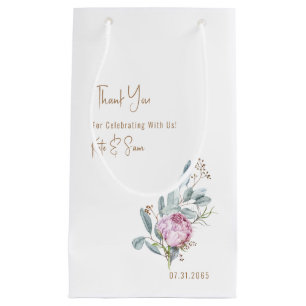 Pink Floral Gold Text White Wedding Small Gift Bag