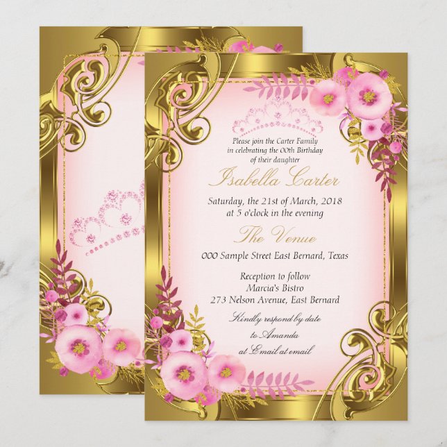 Pink Floral Gold Tiara Birthday Party Invitation (Front/Back)