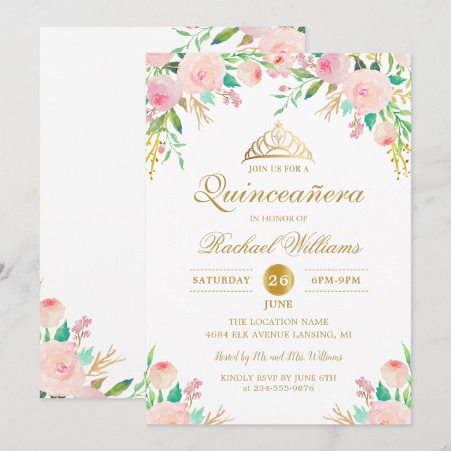 Pink Floral Gold Tiara Quinceañera 15th Birthday Invitation (Front/Back)