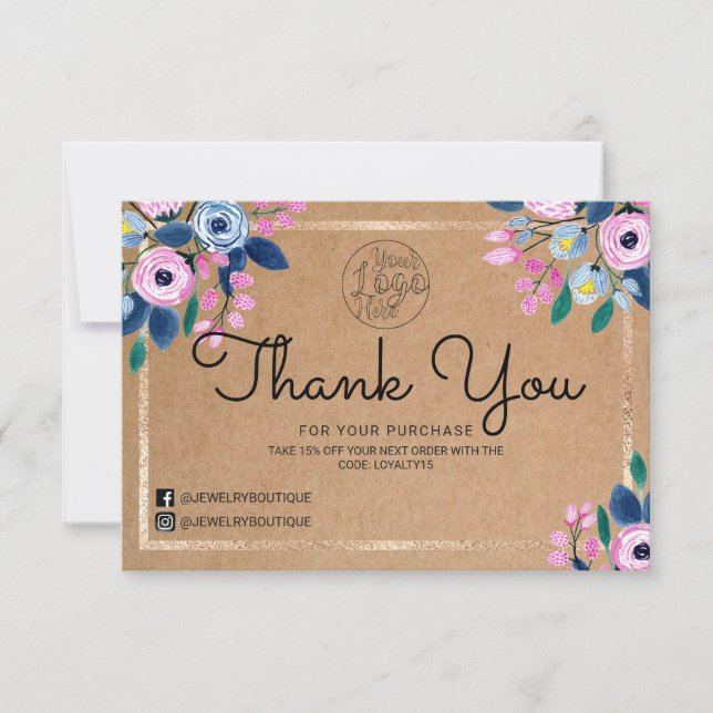 Pink Floral Gold Watercolor Customer Thank You Card (Front)