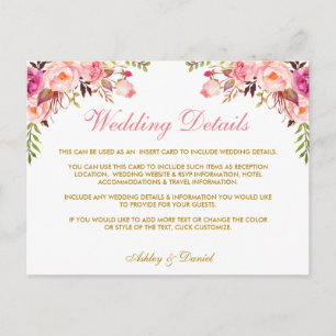 Pink Floral Gold Wedding Details Insert Card