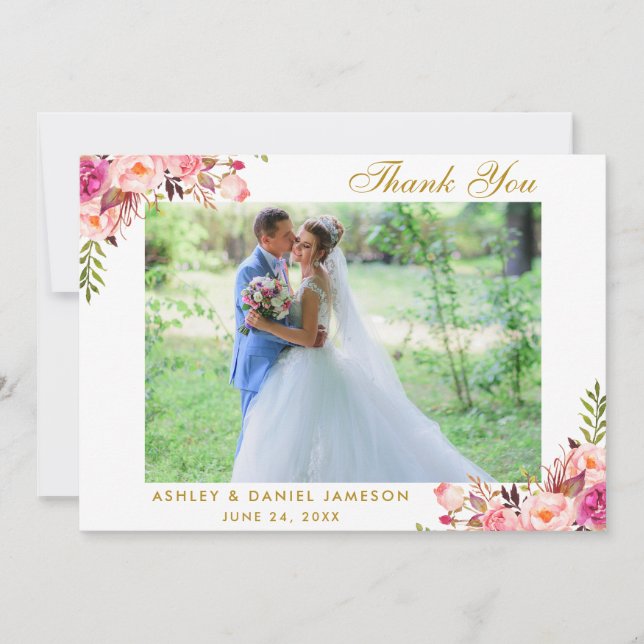 Pink Floral Gold Wedding Photo Thank You Card (Front)
