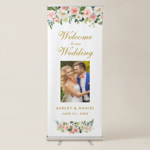 Pink Floral Gold Wedding Welcome Photo Retractable Banner