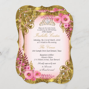 Pink Floral Gold White Pearl Tiara Birthday Party Invitation