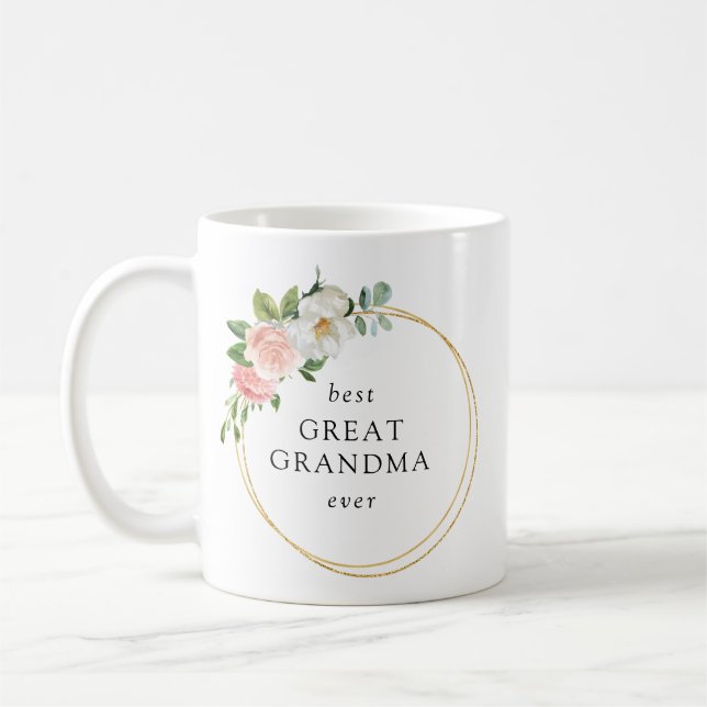 Pink Floral Gold Wreath Best Great Grandma Coffee Mug (Left)