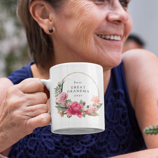 Pink Floral Gold Wreath Best Great Grandma Ever Coffee Mug (Creator Uploaded)