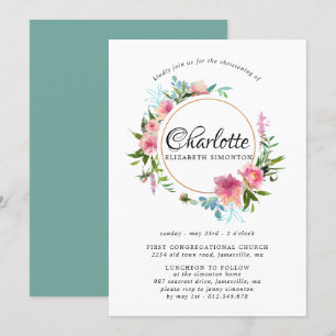 Pink Floral &  Gold Wreath Christening Invitations