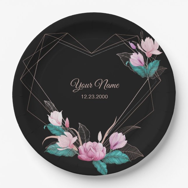 Pink Floral Golden Geometric Elegant Black Party Paper Plate (Front)