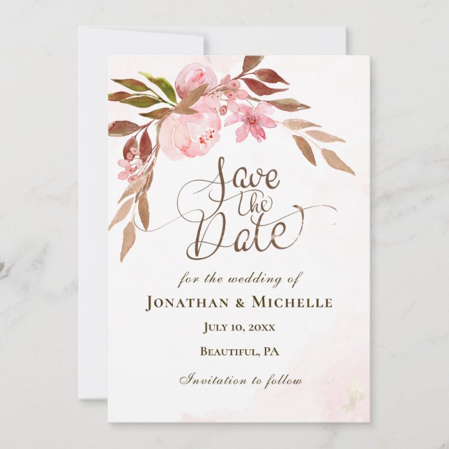 Pink Floral Golden Greenery Inspirational Wedding  Save The Date (Front)