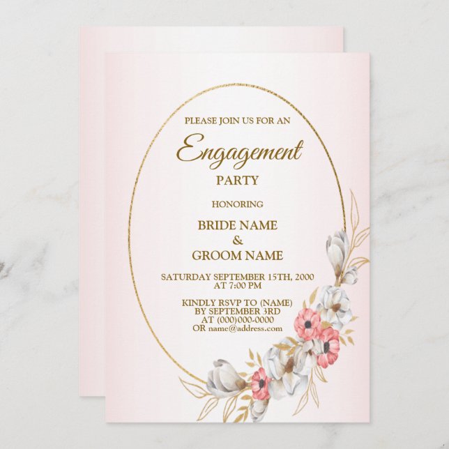 Pink Floral Golden Peach Modern Engagement Party Invitation (Front/Back)