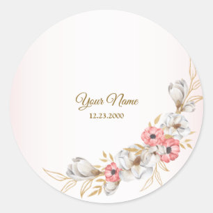 Pink Floral Golden Peach Modern Wedding Party Classic Round Sticker