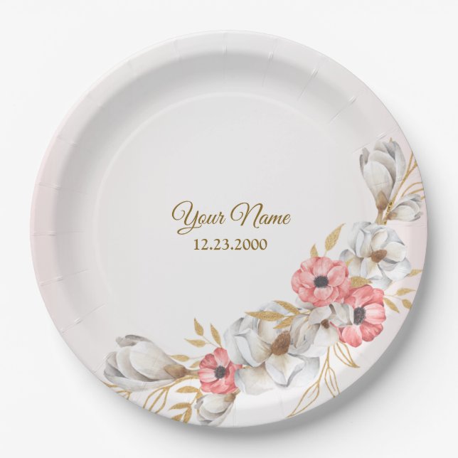 Pink Floral Golden Peach Modern Wedding Party Paper Plate (Front)