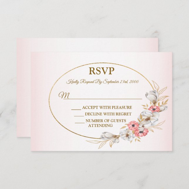 Pink Floral Golden Peach Modern Wedding Party RSVP Card (Front/Back)