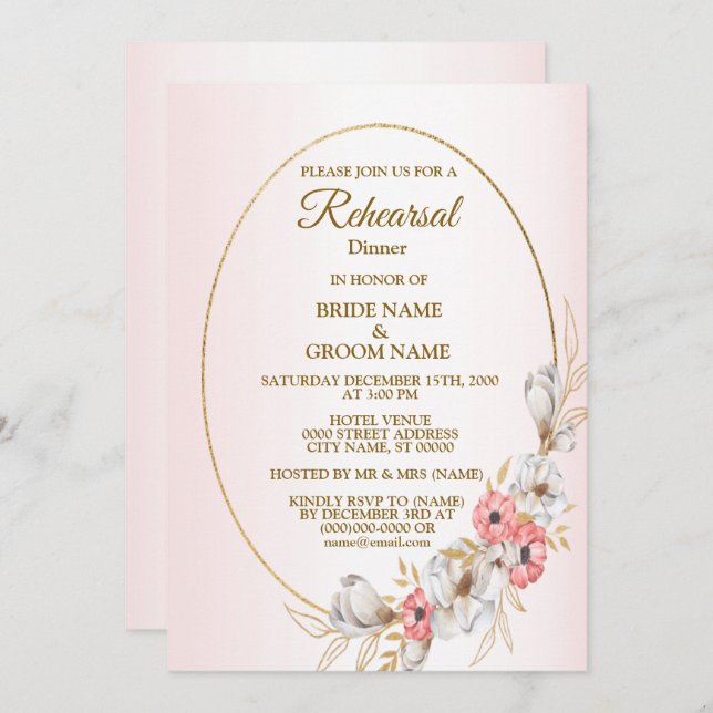 Pink Floral Golden Peach Wedding Rehearsal Dinner Invitation (Front/Back)